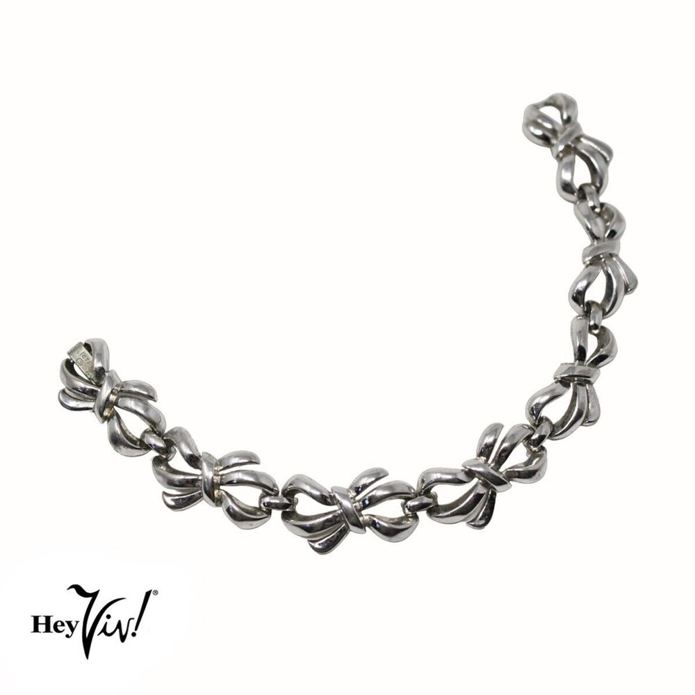 Vintage Crown Trifari Silver Tone Ribbon Bow Linked Bracelet 7 1/4" - Hey Viv